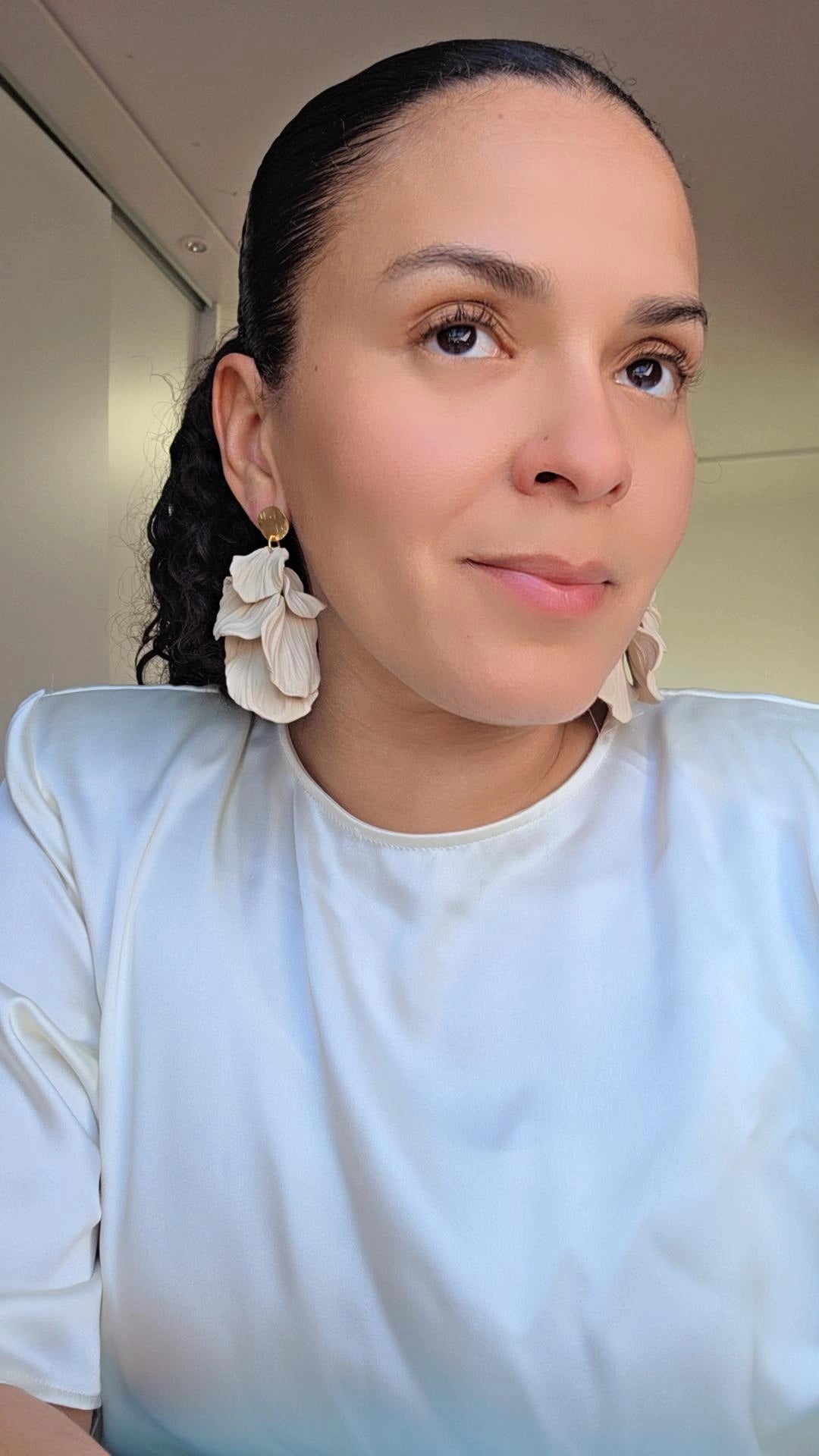 Handmade Petal‑Layered Polymer Clay Earrings – Beige Floral Dangle Earrings with Gold Studs