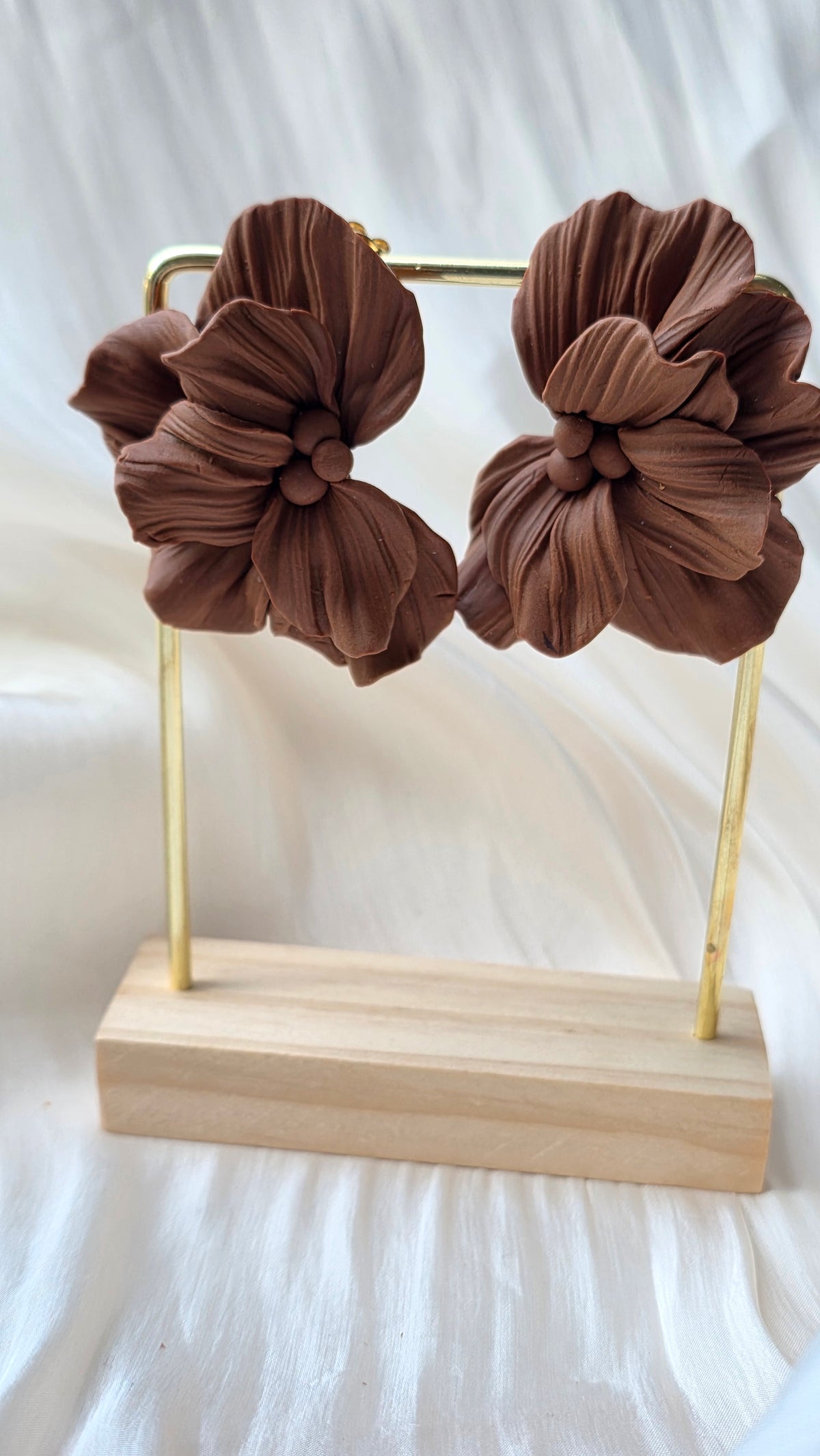 Handmade Floral Statement Earring – Brown Sculpted Petal Design (Hypoallergenic 18K Gold‑Plated Stud)