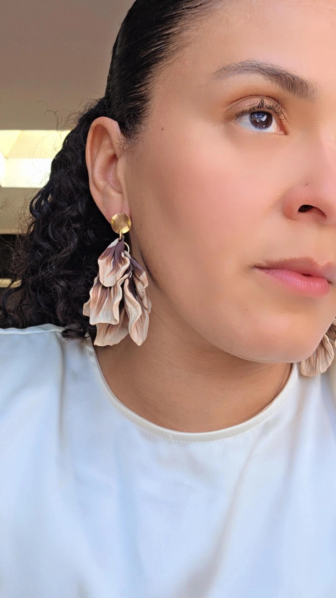 Handmade Layered-Petal Statement Earrings – Hypoallergenic 18K Gold‑Plated Stainless Steel (Beige-Brown)