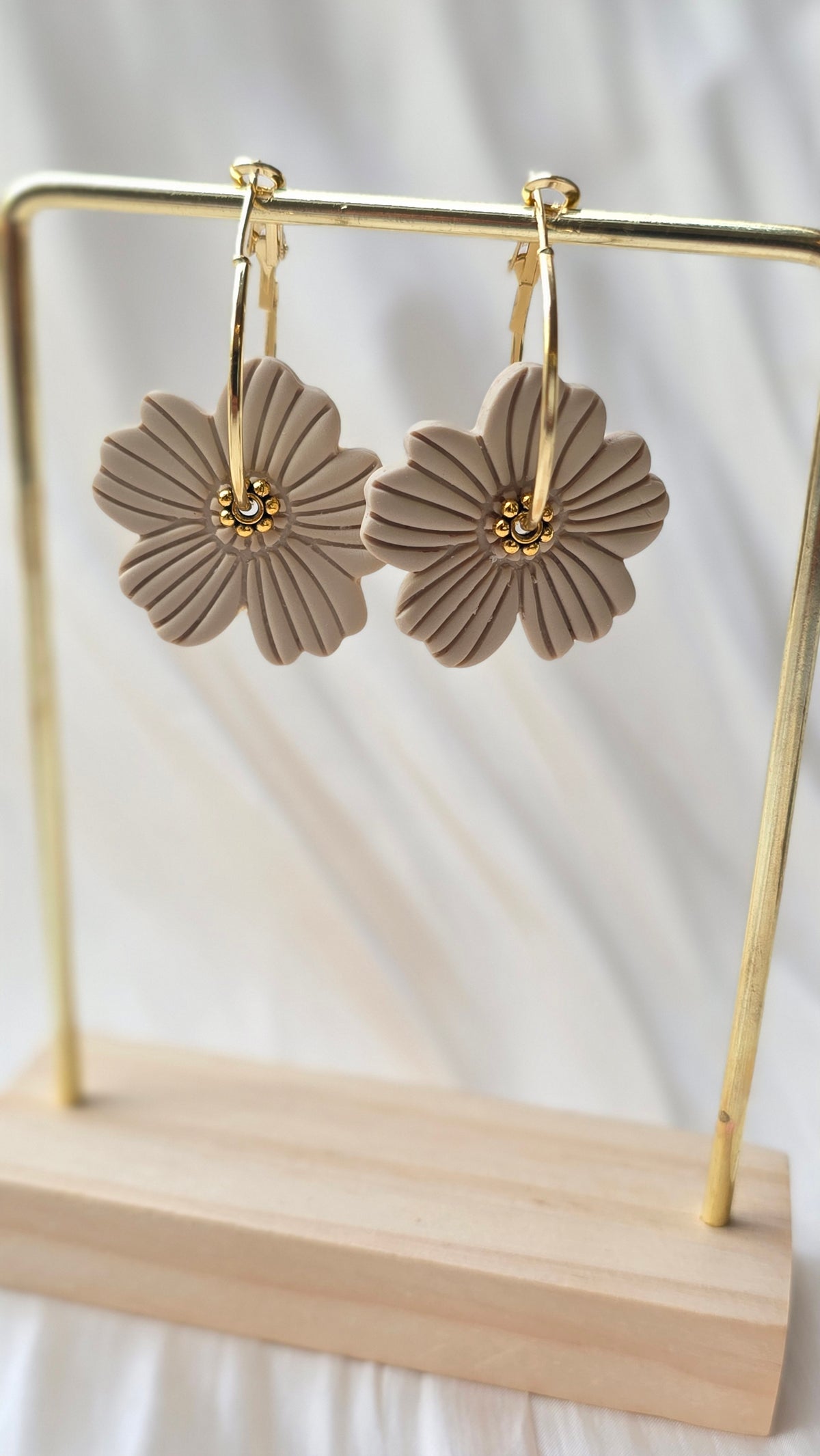 Handmade Floral Petal Earrings – Beige, Brown & White (Hypoallergenic 18K Gold‑Plated Hoops)