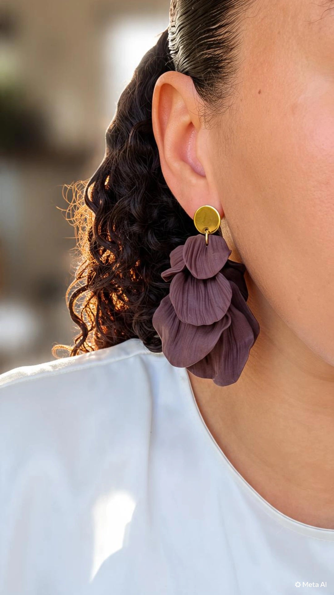Handmade Petal‑Layered Polymer Clay Earrings – Hypoallergenic 18K Gold‑Plated Stainless Steel Floral Dangles (Brown)