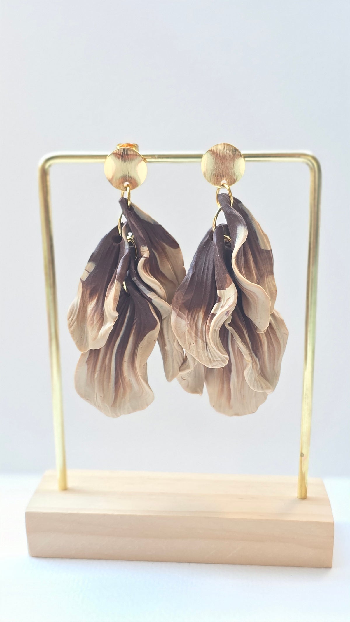 Handmade Layered-Petal Statement Earrings – Hypoallergenic 18K Gold‑Plated Stainless Steel (Beige-Brown)