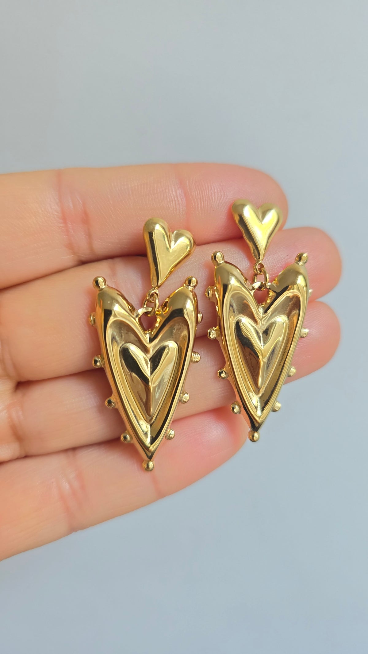 Double Heart Gold Earrings – Romantic Statement Dangles | Lusí