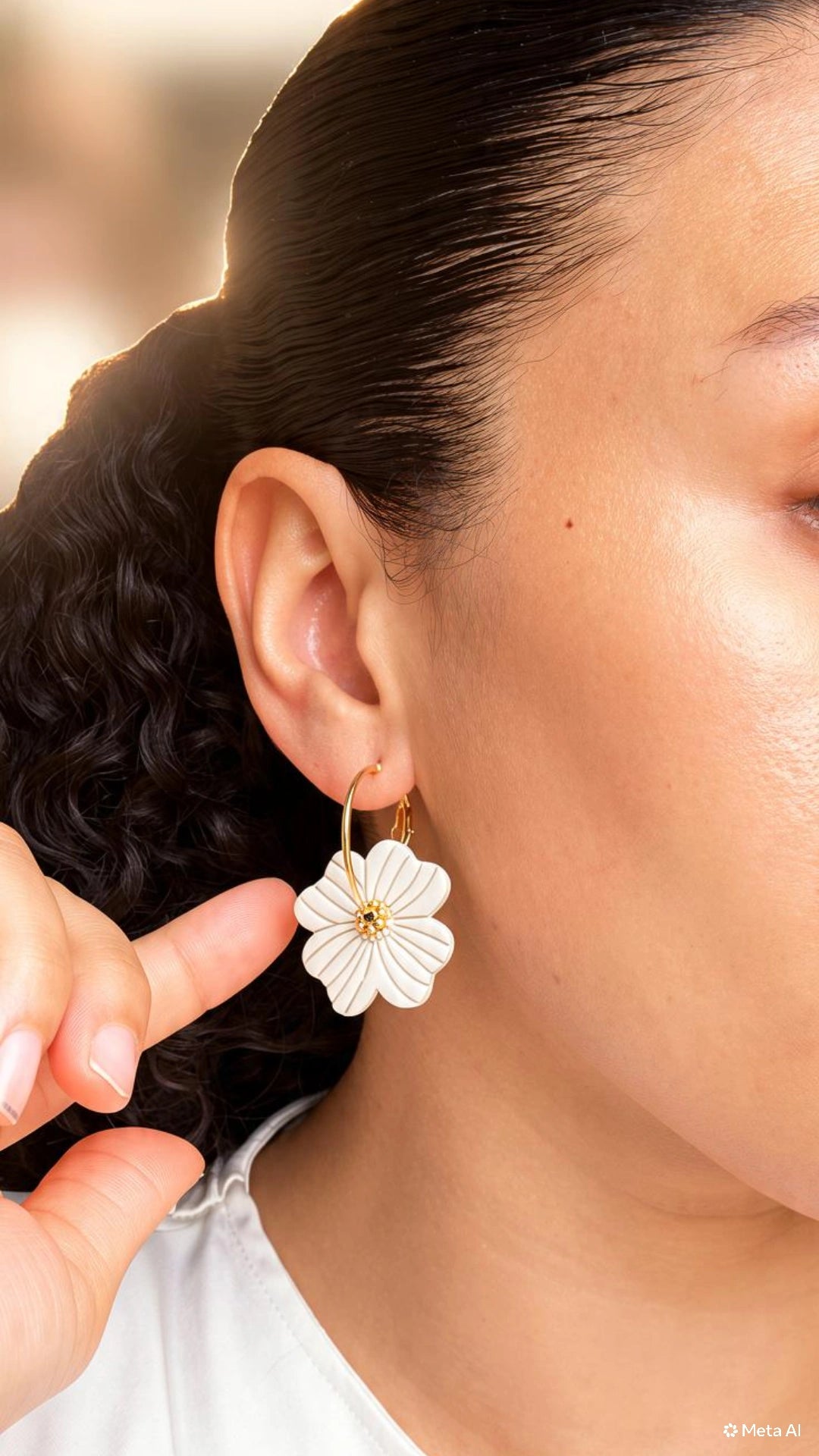 Handmade Floral Petal Earrings – Beige, Brown & White (Hypoallergenic 18K Gold‑Plated Hoops)