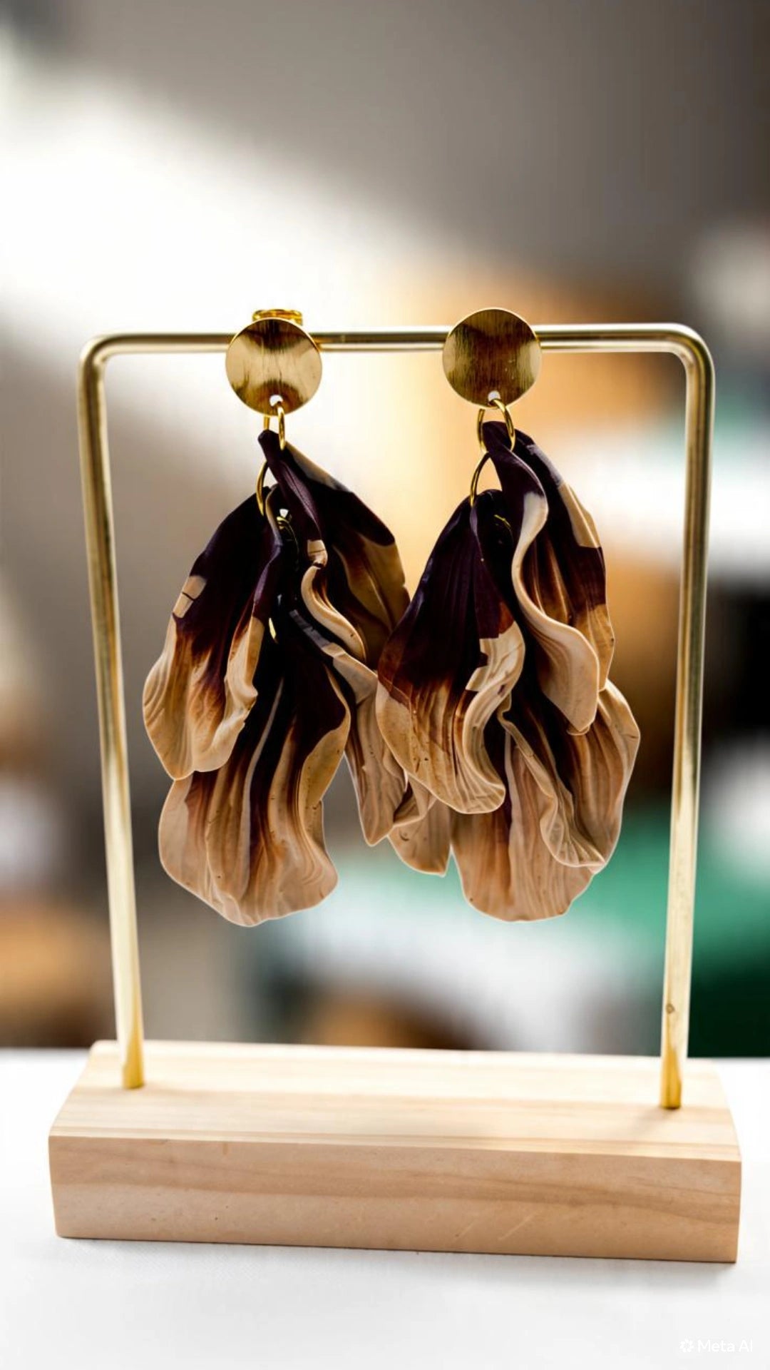 Handmade Layered-Petal Statement Earrings – Hypoallergenic 18K Gold‑Plated Stainless Steel (Beige-Brown)