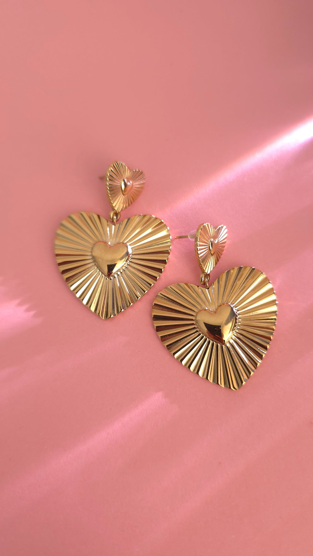 Gold Textured Heart Earrings – Radiant Double‑Heart Statement Dangles | Lusí