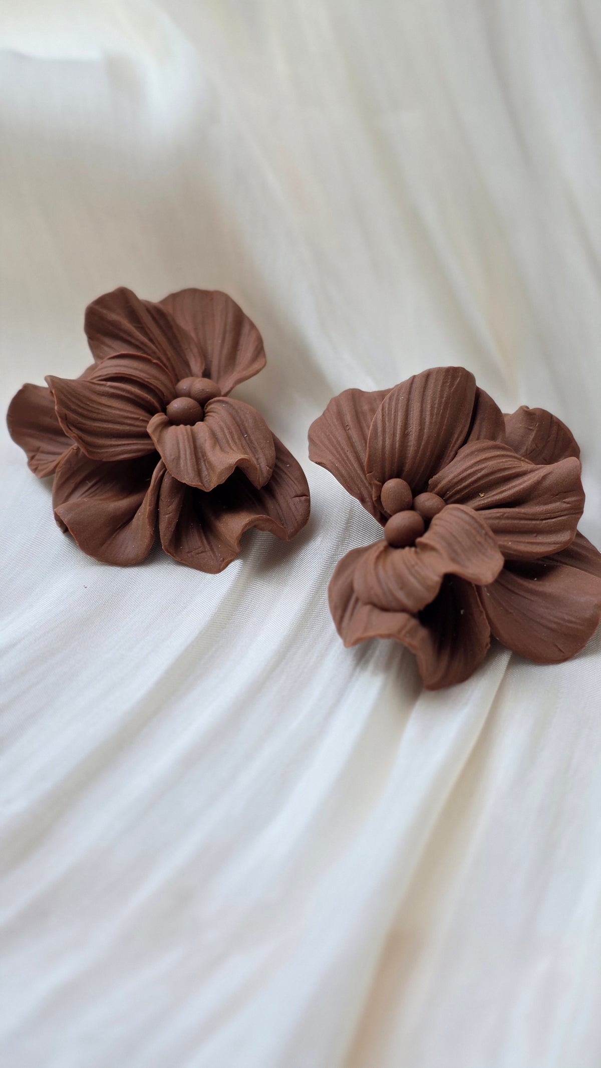 Handmade Floral Statement Earring – Brown Sculpted Petal Design (Hypoallergenic 18K Gold‑Plated Stud)