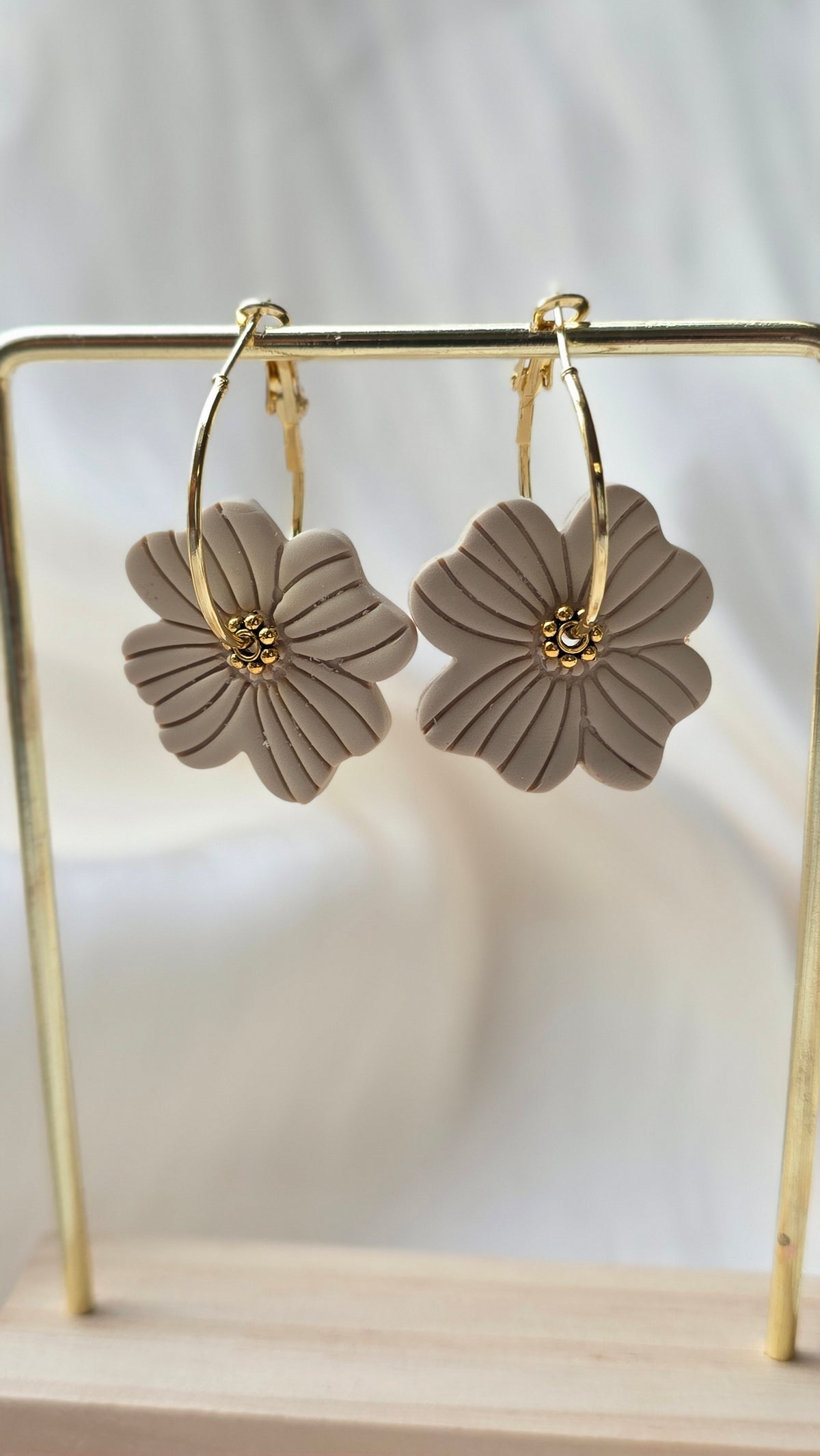 Handmade Floral Petal Earrings – Beige, Brown & White (Hypoallergenic 18K Gold‑Plated Hoops)