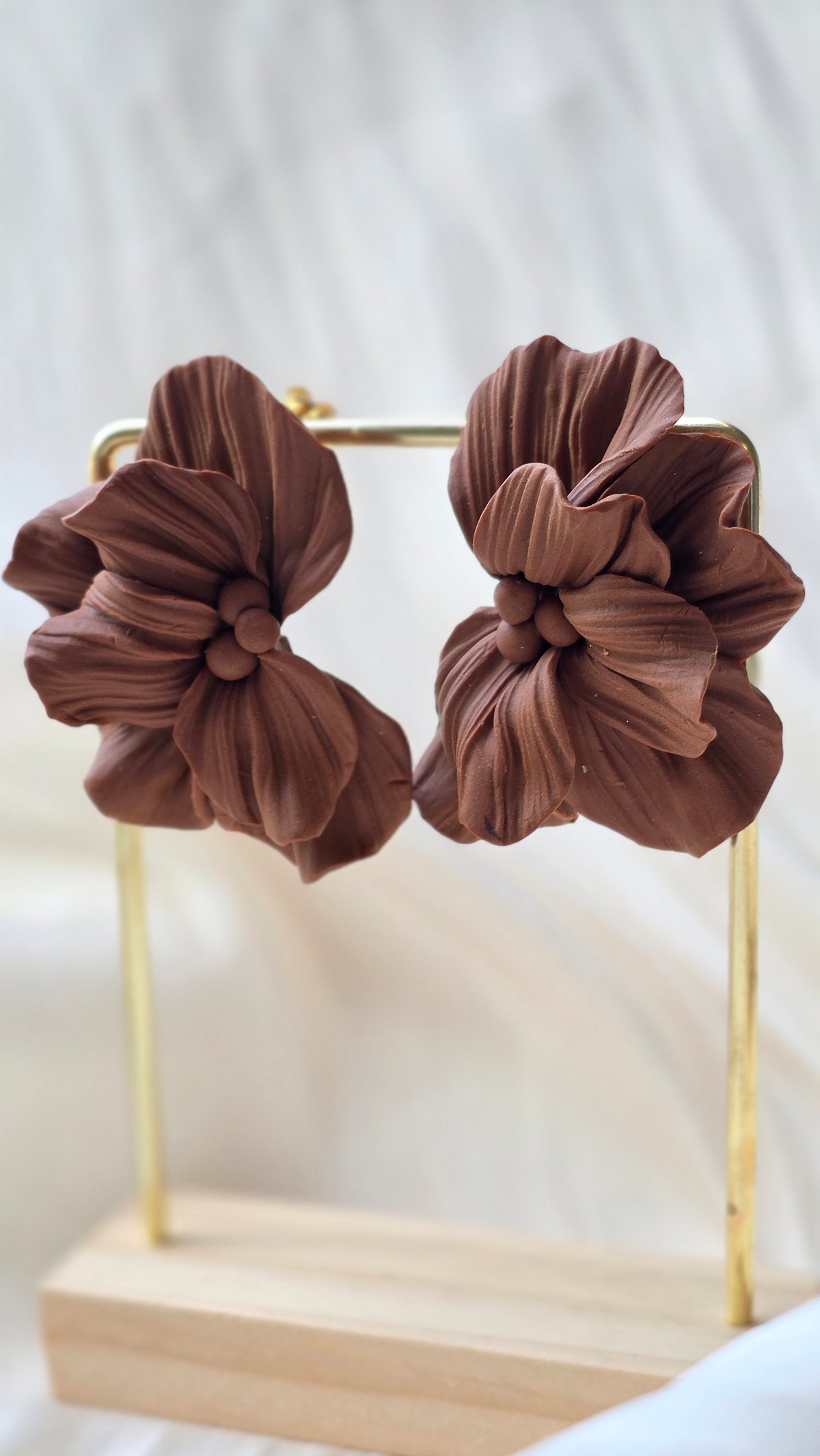 Handmade Floral Statement Earring – Brown Sculpted Petal Design (Hypoallergenic 18K Gold‑Plated Stud)
