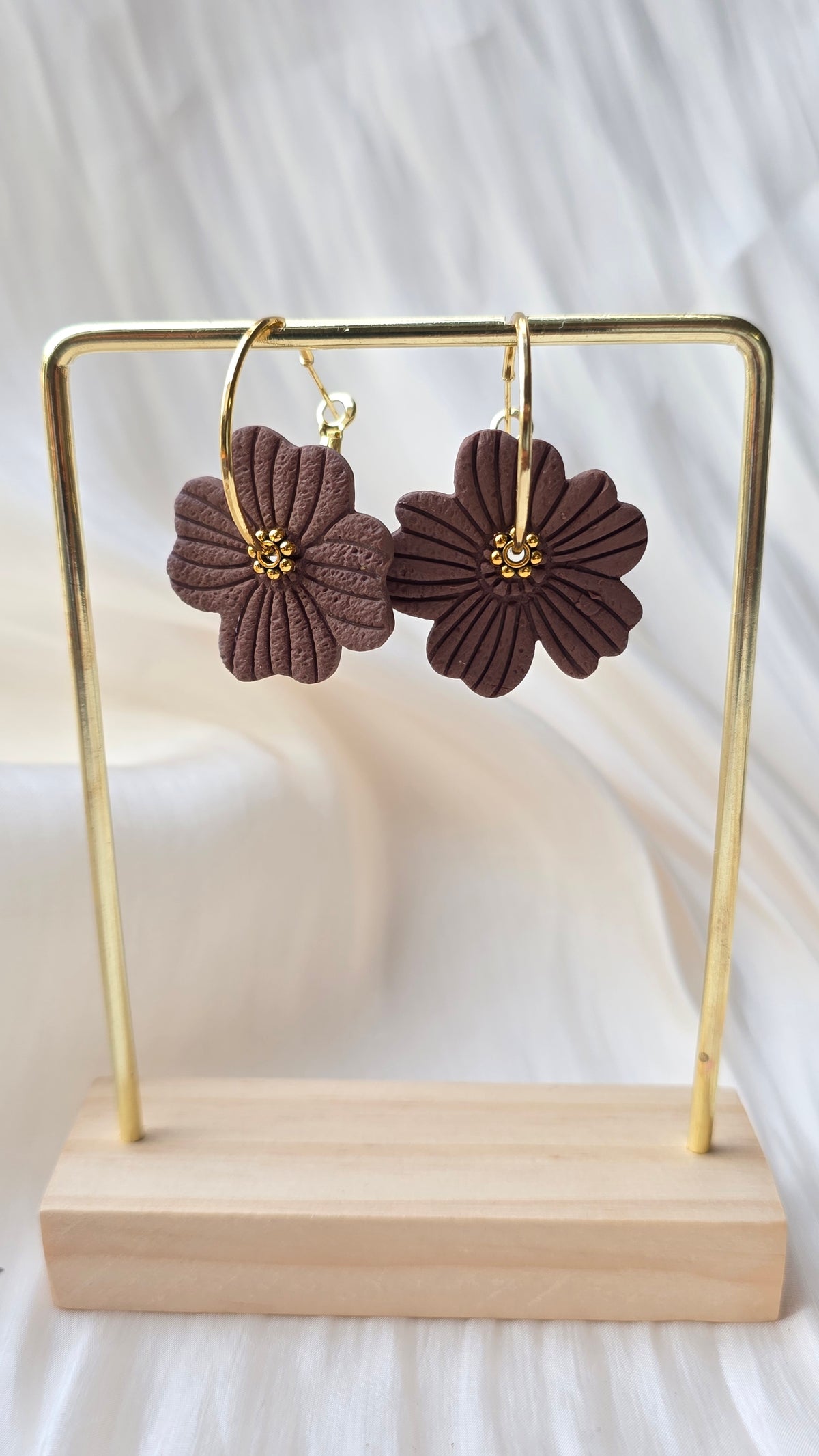 Handmade Floral Petal Earrings – Beige, Brown & White (Hypoallergenic 18K Gold‑Plated Hoops)
