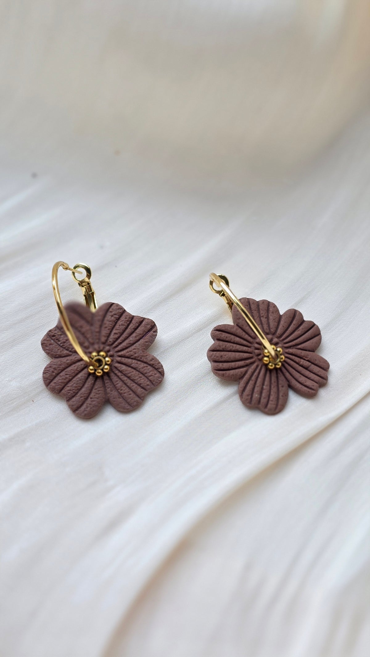 Handmade Floral Petal Earrings – Beige, Brown & White (Hypoallergenic 18K Gold‑Plated Hoops)