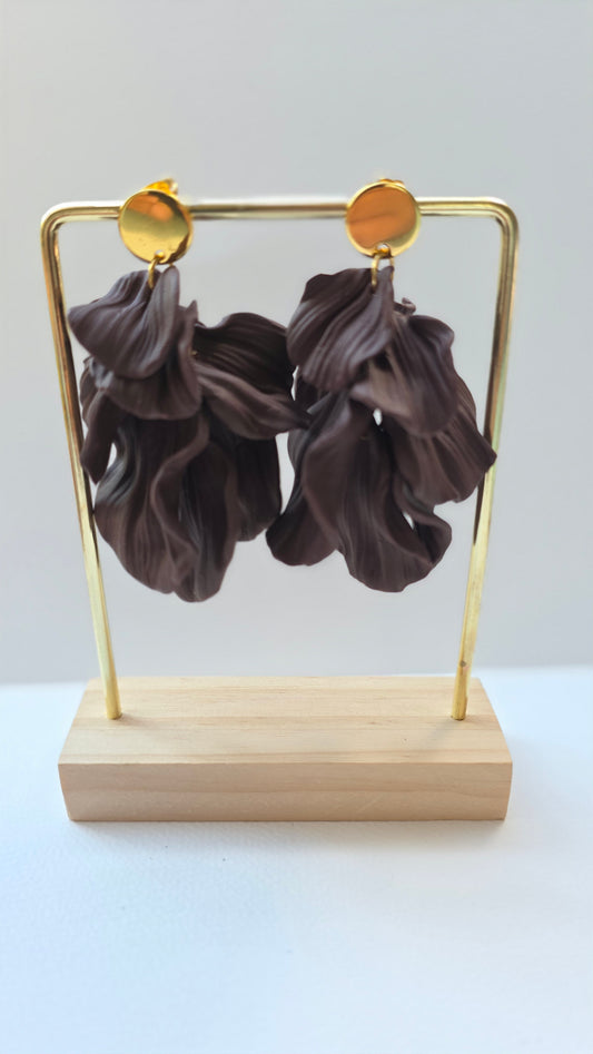 Handmade Petal‑Layered Polymer Clay Earrings – Hypoallergenic 18K Gold‑Plated Stainless Steel Floral Dangles (Brown)