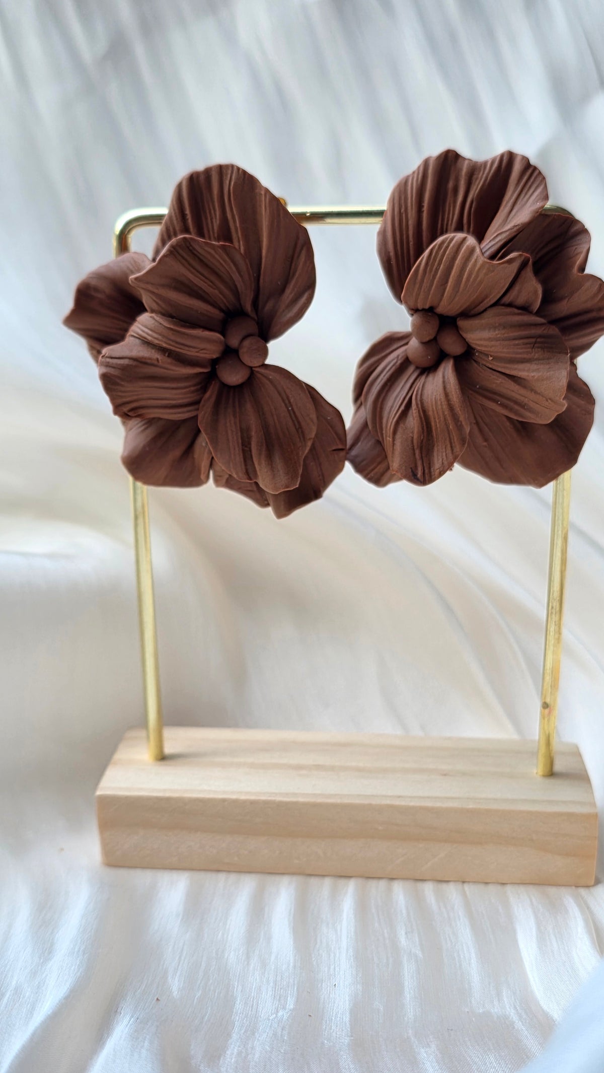 Handmade Floral Statement Earring – Brown Sculpted Petal Design (Hypoallergenic 18K Gold‑Plated Stud)