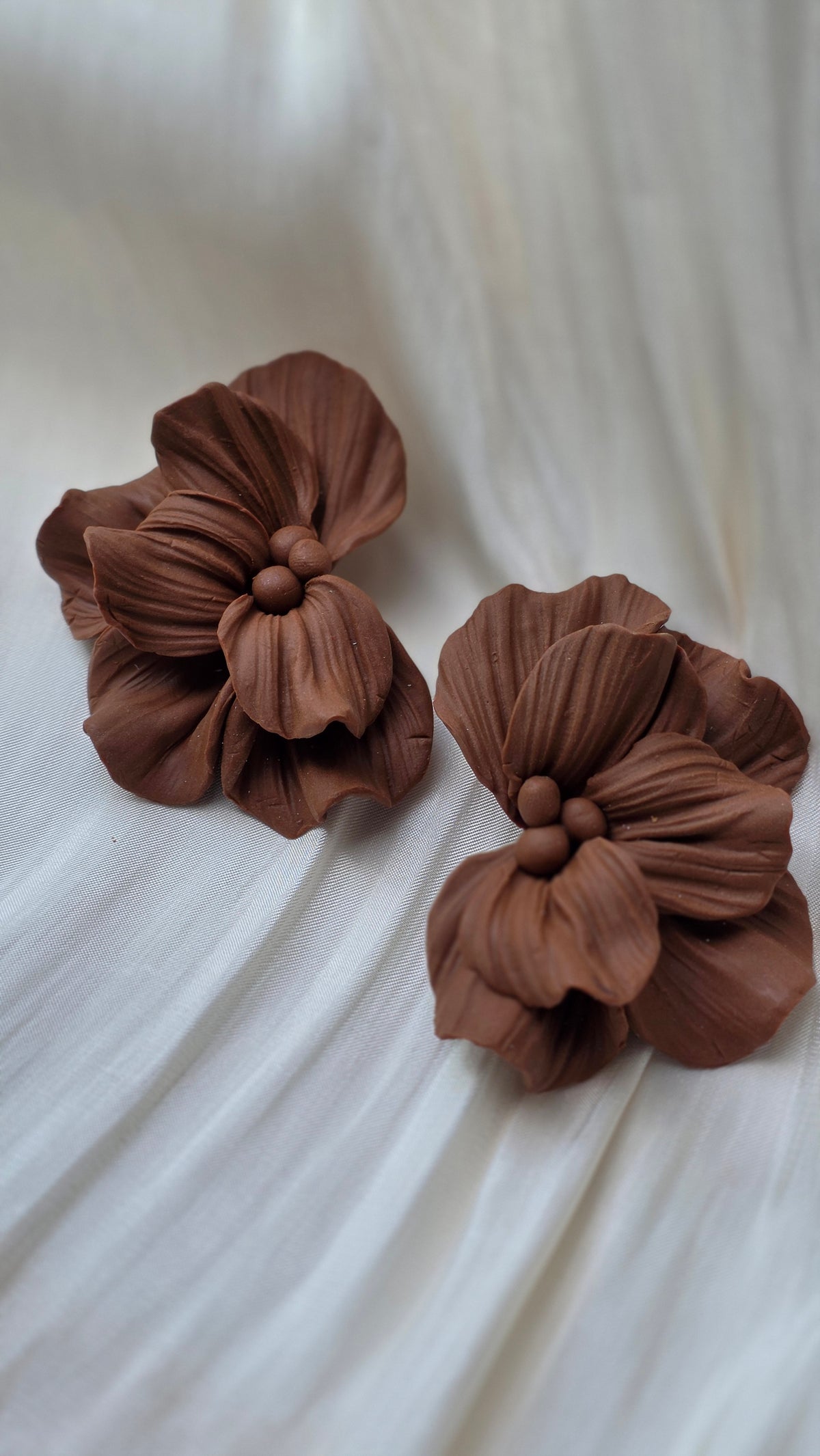 Handmade Floral Statement Earring – Brown Sculpted Petal Design (Hypoallergenic 18K Gold‑Plated Stud)