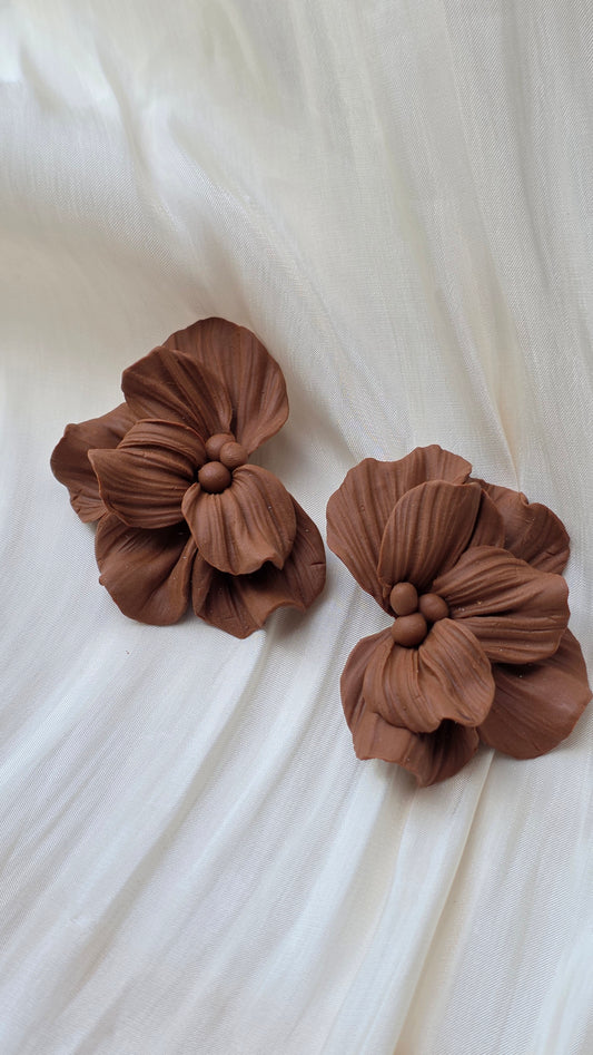 Handmade Floral Statement Earring – Brown Sculpted Petal Design (Hypoallergenic 18K Gold‑Plated Stud)