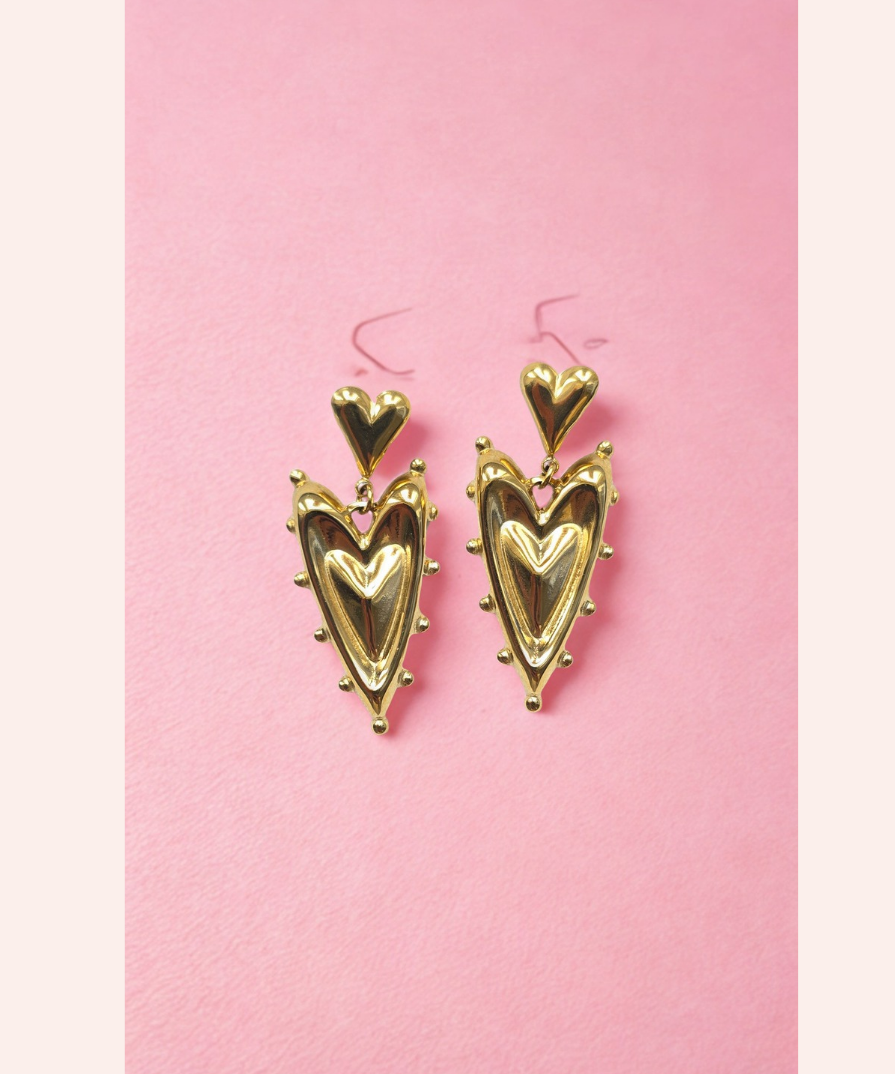Double Heart Gold Earrings – Romantic Statement Dangles | Lusí