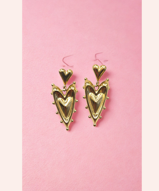Double Heart Gold Earrings – Romantic Statement Dangles | Lusí