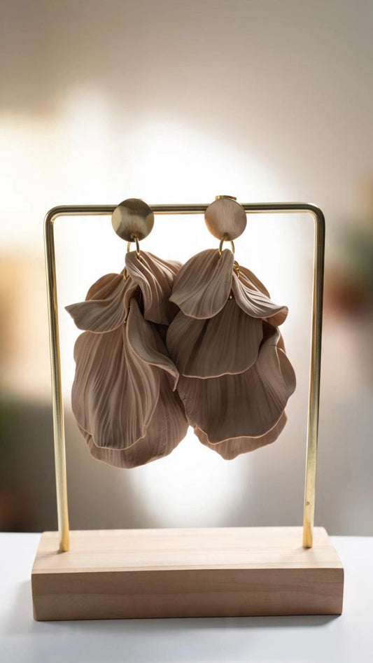 Handmade Petal‑Layered Polymer Clay Earrings – Beige Floral Dangle Earrings with Gold Studs