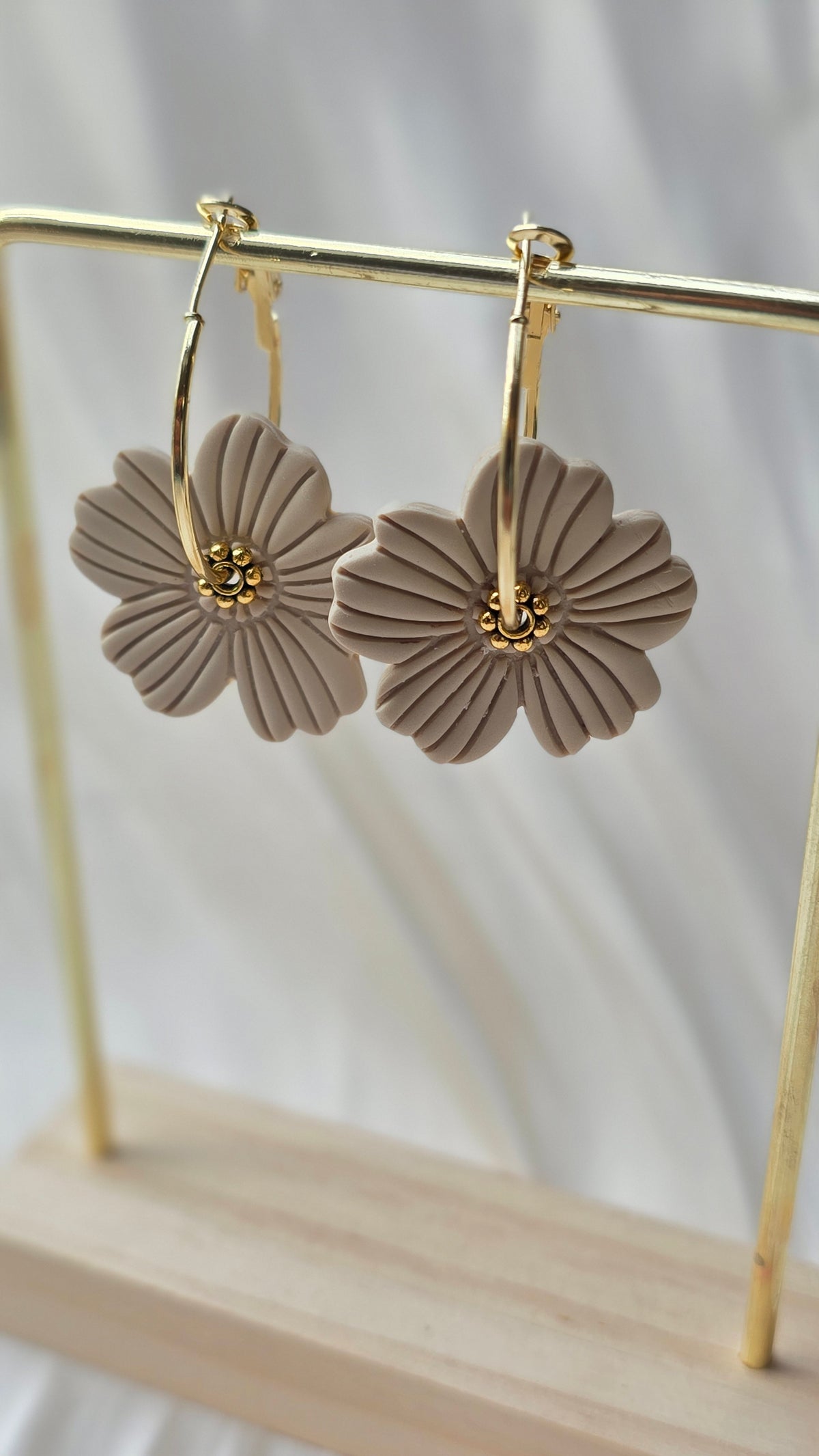 Handmade Floral Petal Earrings – Beige, Brown & White (Hypoallergenic 18K Gold‑Plated Hoops)