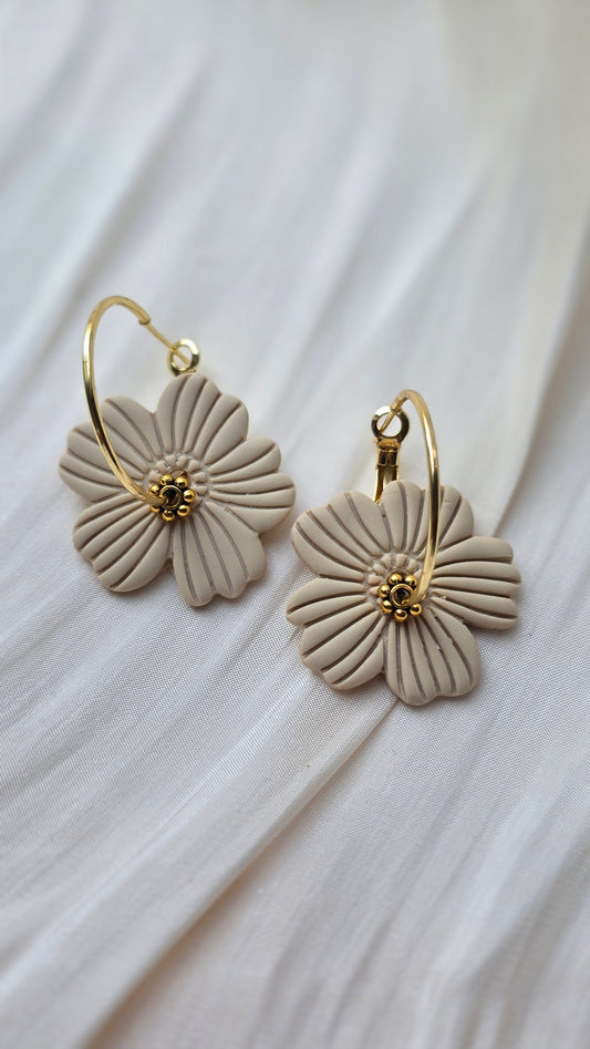 Handmade Floral Petal Earrings – Beige, Brown & White (Hypoallergenic 18K Gold‑Plated Hoops)