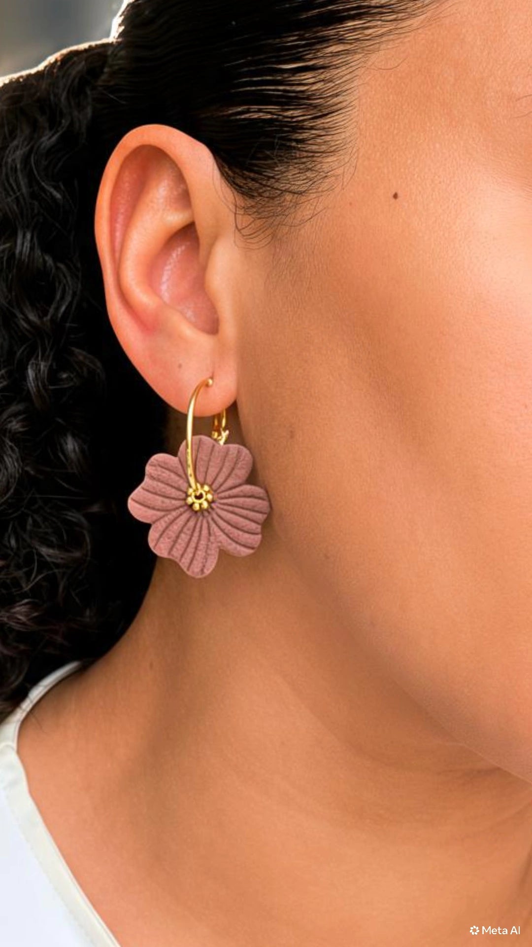 Handmade Floral Petal Earrings – Beige, Brown & White (Hypoallergenic 18K Gold‑Plated Hoops)