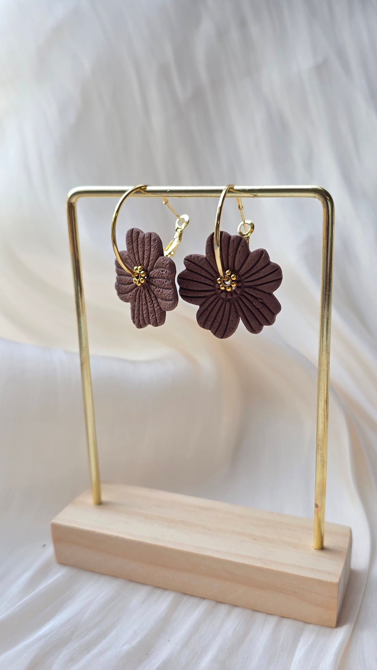 Handmade Floral Petal Earrings – Beige, Brown & White (Hypoallergenic 18K Gold‑Plated Hoops)