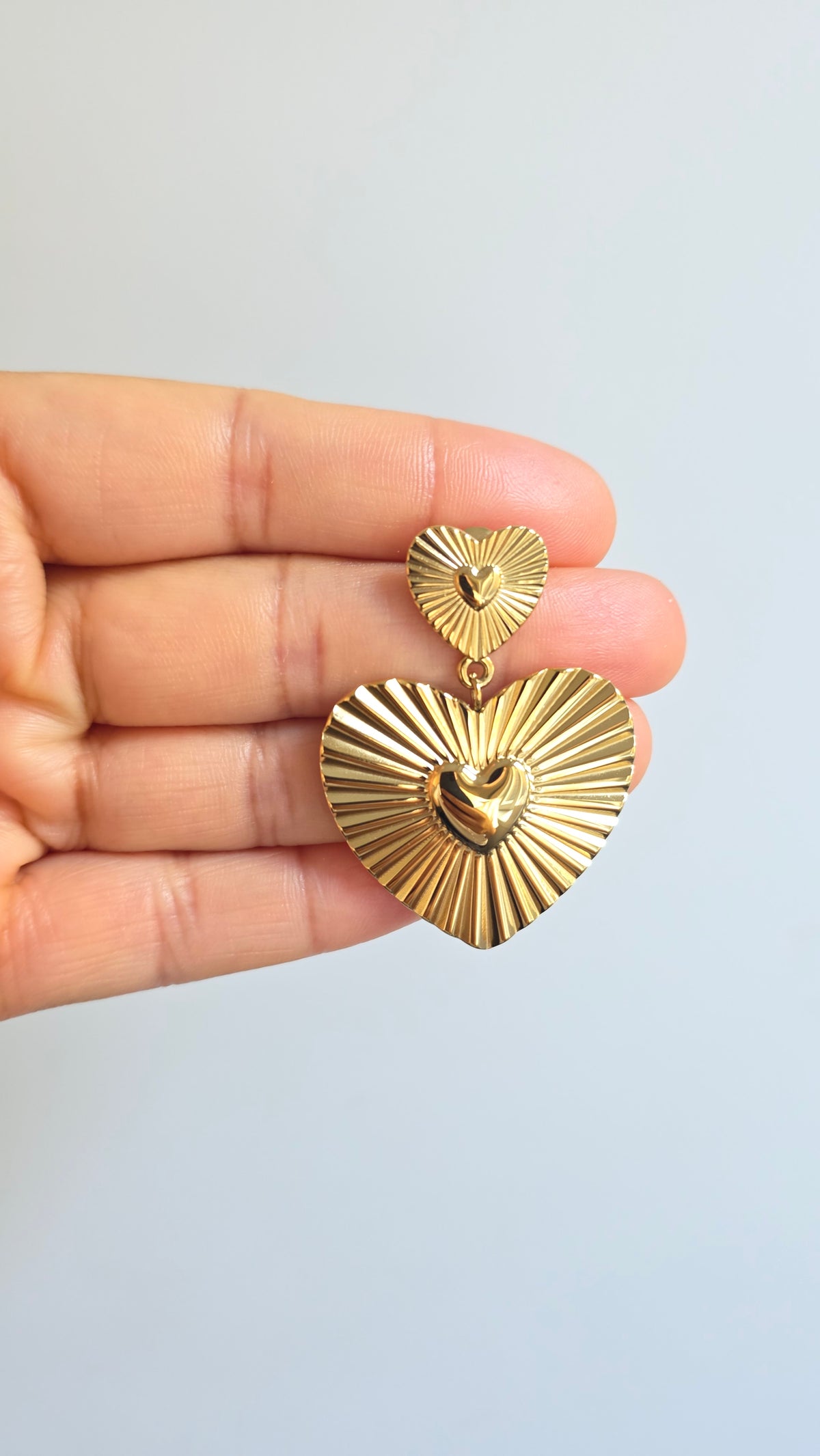Gold Textured Heart Earrings – Radiant Double‑Heart Statement Dangles | Lusí