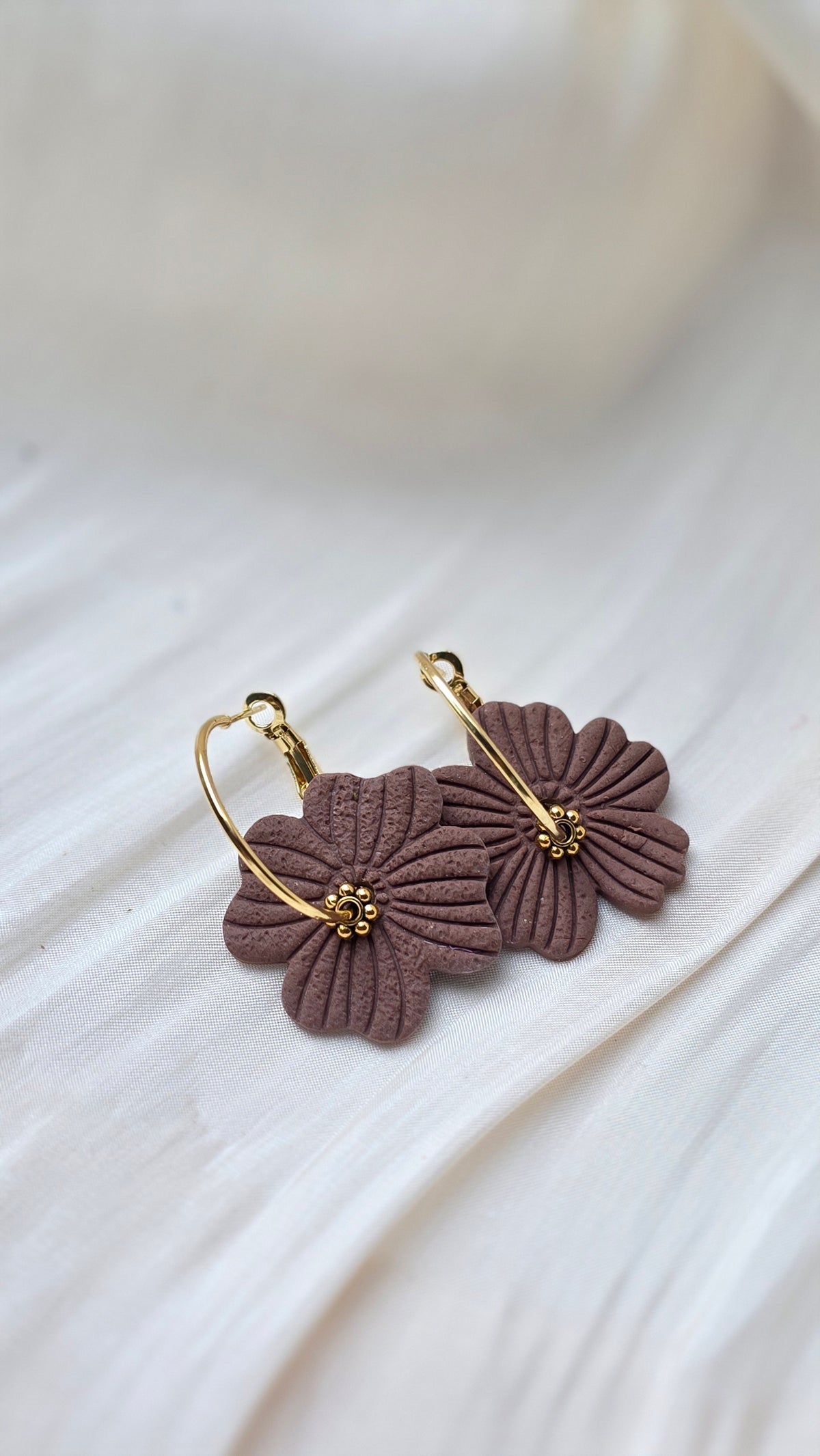Handmade Floral Petal Earrings – Beige, Brown & White (Hypoallergenic 18K Gold‑Plated Hoops)